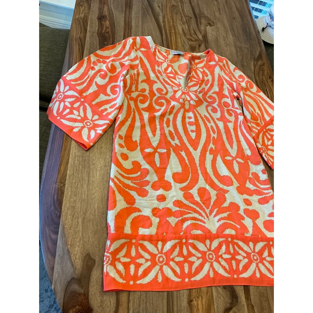 Alice & Trixie Silk Tunic Dress Medium Coral Orange Bell Sleeve Ikat Cover Up - Picture 8 of 15